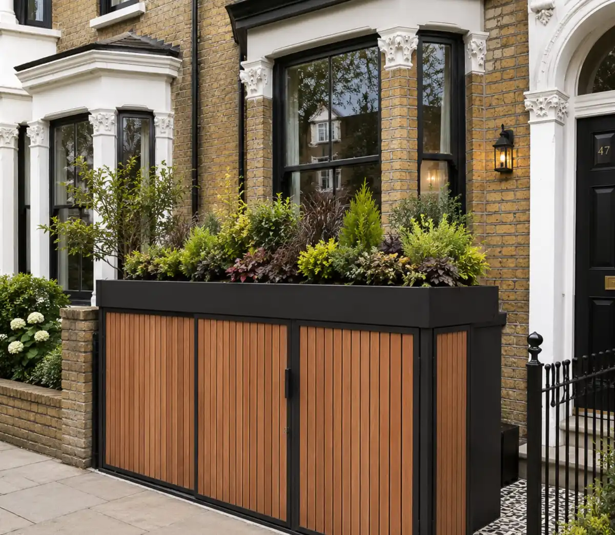 A Cycle Mews storage run replacing the front garden wall of a London terrace